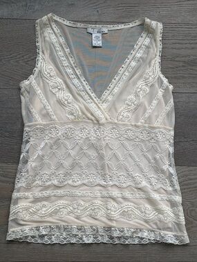 WD.NY Sheer Lace Cream V Neck Tank & Adjustable Cream Camisole Sleeveless Tank